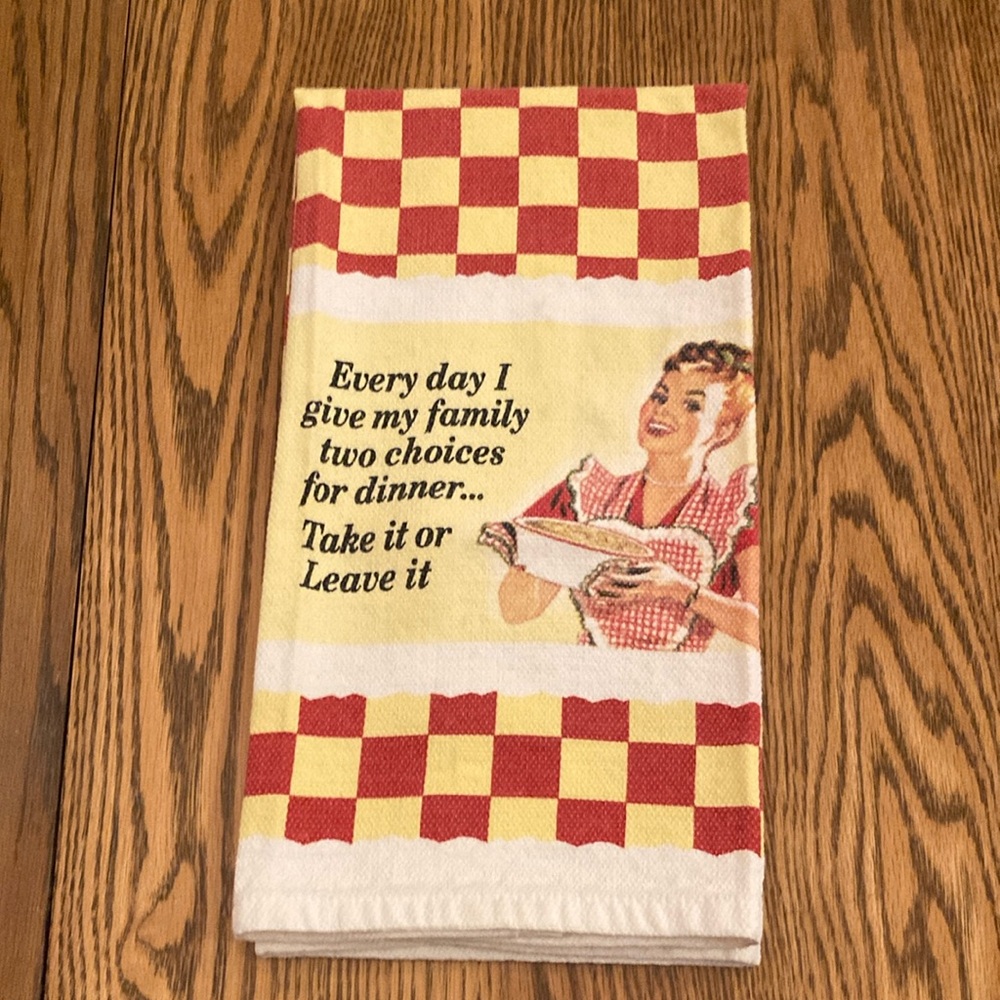 Retro Red and Yellow Checkered Kitchen Towel “Take It or Leave It”